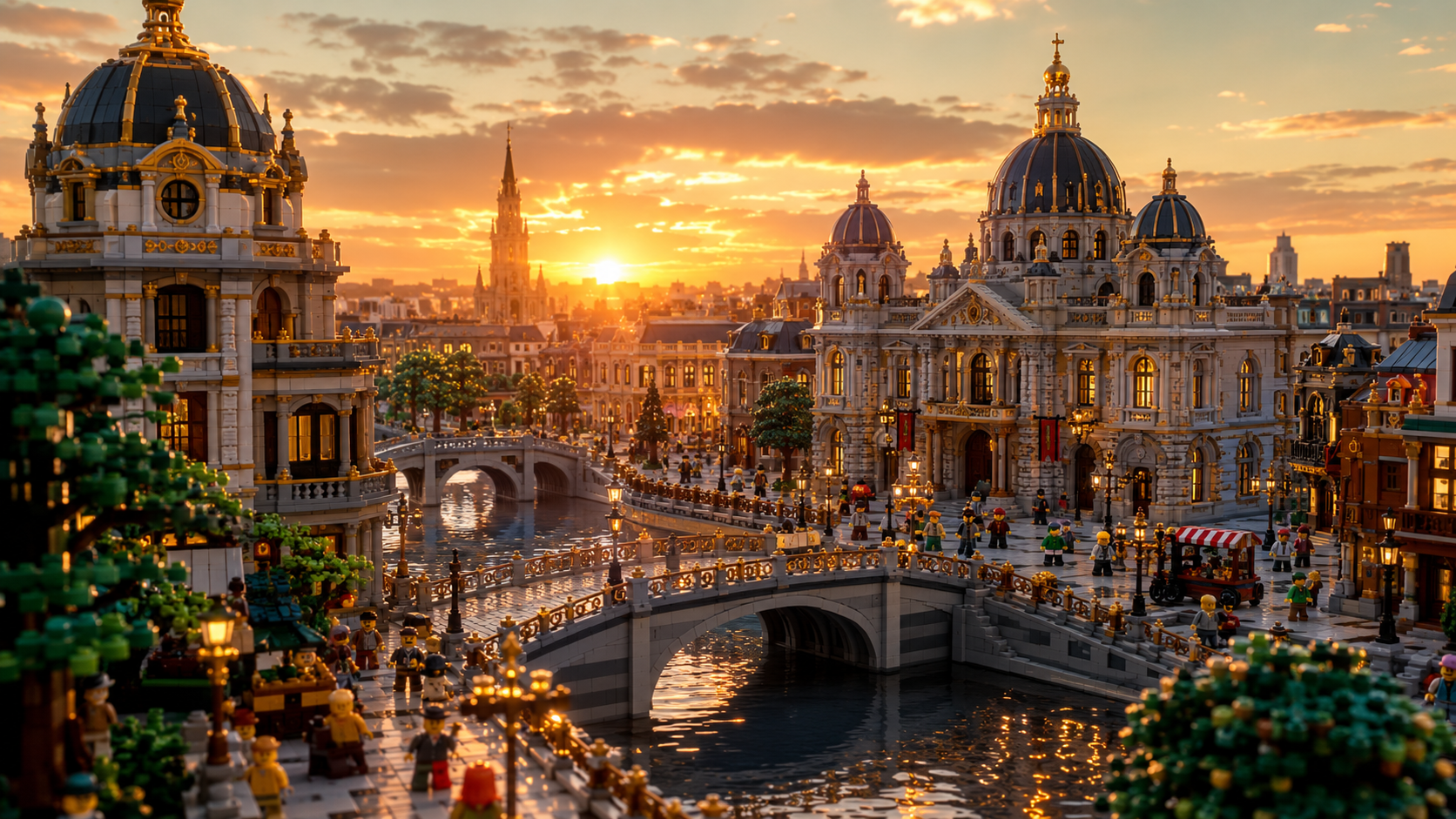 Praça central de Brickopolis ao pôr do sol, com cúpulas douradas e pontes sobre o canal