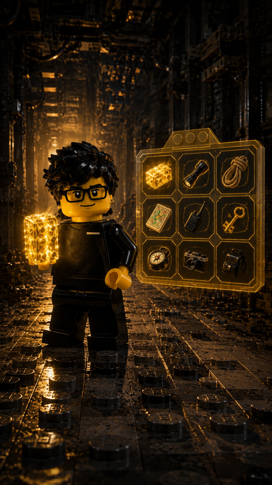 Max Brickson diante de um painel holográfico dourado com seu inventário