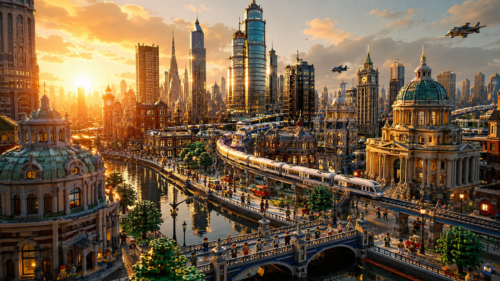 Skyline de Brickopolis ao entardecer