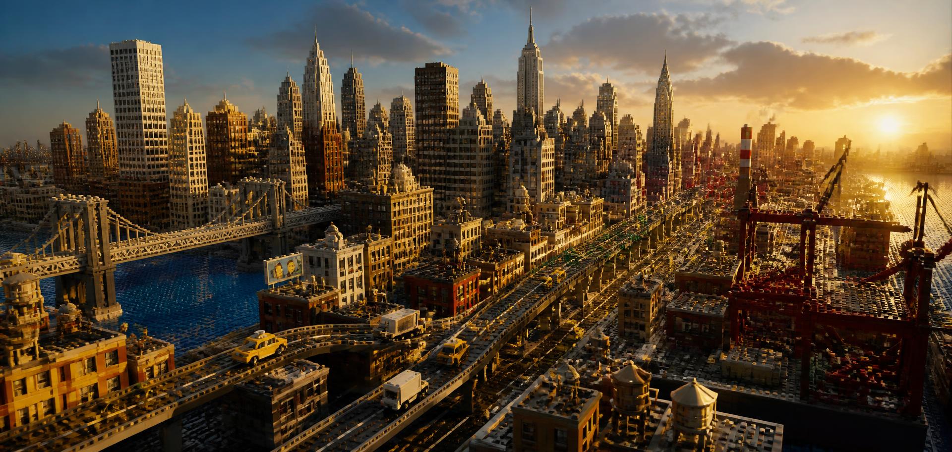 Vista panorâmica de Brickopolis, cidade construída com blocos