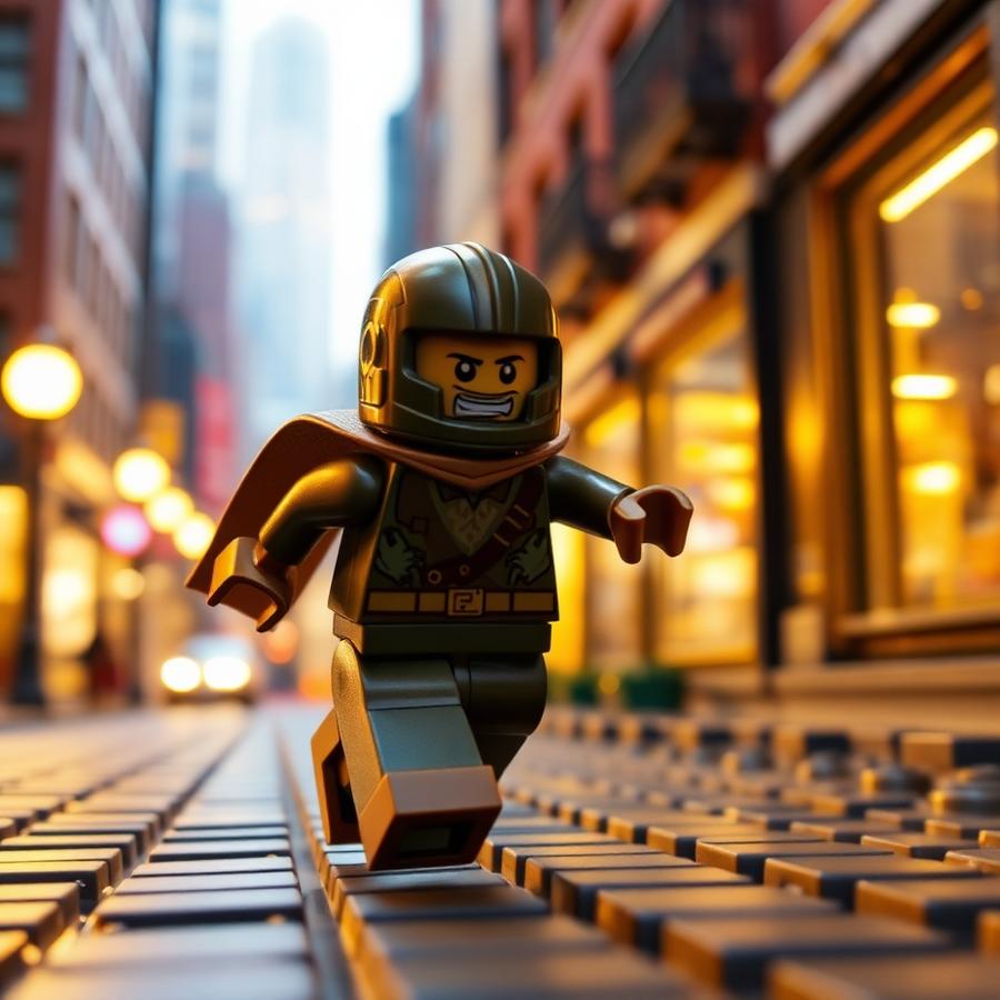 Max correndo pelas ruas de Brickopolis