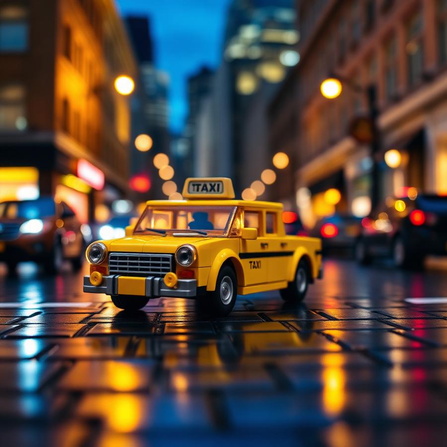 Táxi amarelo de blocos em rua noturna